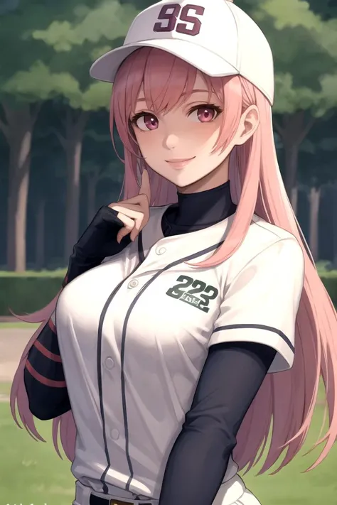 masterpiece, ultra high quality cg, best quality, cherche_rnd, 1girl, solo, looking at viewer, smile, baseball uniform, baseball cap, <lora:cherche_def:0.5>