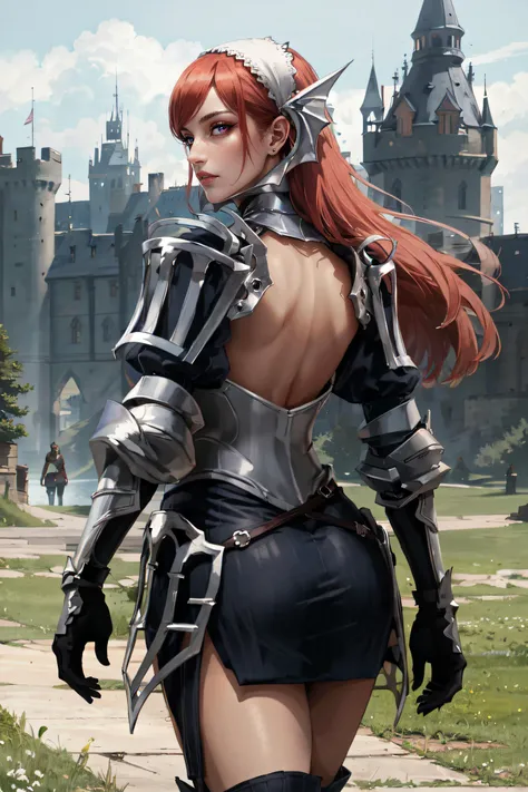 Redhead warrior, detailed, 1 girl, beautiful, 8k, artwork, ultra realistic, medieval costume, armor, steel breastplate, steel gauntlets, steel gloves, steel boots, red skirt, miniskirt, sitting, legs open, legs raised, front, panties, panties appearing, white panties, upskirt, cameltoe, thong, nsfw, pantyshot, RAW,