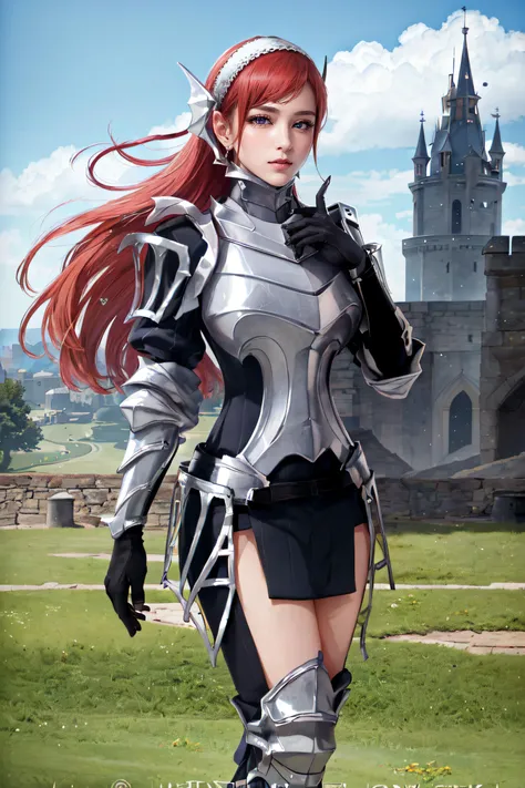 (masterpiece, best quality, ultra detailed, absurdres)1.5, 1girl, (sexy, beautiful woman, perfect face, perfect eyes, perfect female body, large breasts)1.5, (cherche_def, cherche \(fire emblem\), gloves, hairband, armor, armored boots, <lora:cherche_def:0.7>), (standing, outdoors, castle in background), perfect lighting, smooth, hdr