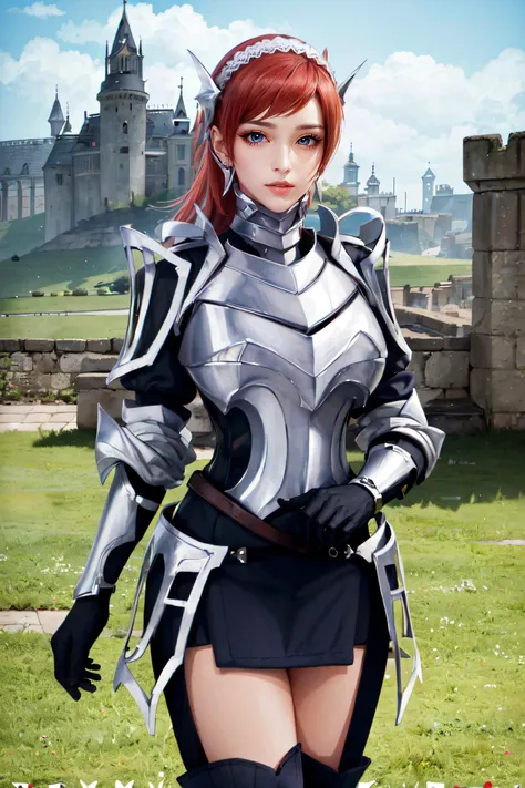 (masterpiece, best quality, ultra detailed, absurdres)1.5, 1girl, (sexy, beautiful woman, perfect face, perfect eyes, perfect female body, large breasts)1.5, (cherche_def, cherche \(fire emblem\), gloves, hairband, armor, armored boots, <lora:cherche_def:0.7>), (standing, outdoors, castle in background), perfect lighting, smooth, hdr