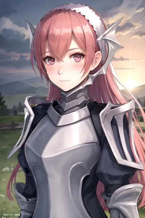masterpiece, ultra high quality cg, best quality, cherche_def, sunset, pink eyes, blush, hair between eyes, closed mouth, upper body, hairband, armor, looking to the side, <lora:cherche_def:0.7>