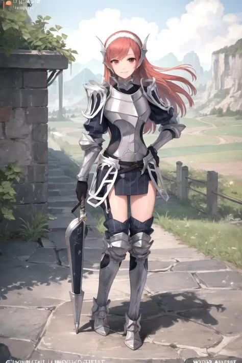 masterpiece, ultra high quality cg, best quality, cherche_def, looking at viewer, smile, simple background, red eyes, gloves, white background, standing, full body, hairband, armor, hand on hip, armored boots, scenery,  <lora:cherche_def:0.7>