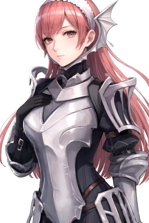 masterpiece, ultra high quality cg, best quality, cherche_def, simple background, gloves, white background, hairband, armor, hand on own chest, <lora:cherche_def:0.7>