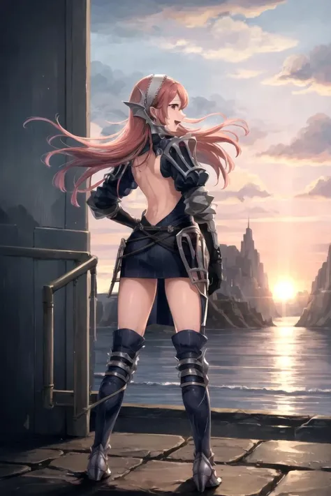 female, glaze, beauty, long hair, feminim, sit at ruin, holding a blade, wear battlesuite, photorealistic, masterpiece