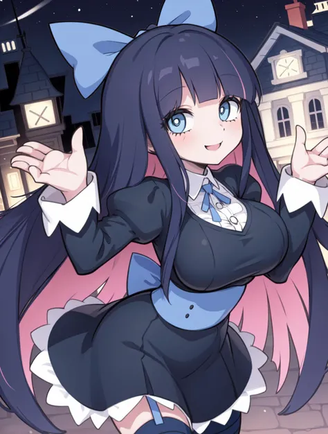 1girl, cartoon, smile, stockingpsg, huge breasts, garter, shirts, blue ribbon, night, town, open hands <lora:Stocking:0.9>  <lora:pas style:0.4>