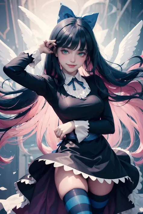 stockingpsg, thighhighs, long sleeves, ribbon, medium breasts, hair bow, puffy sleeves, blunt bangs, black dress, blue bow, juliet sleeves, striped thighhighs,
(evil),blush,smile,
Luminous Illumination, Ethereal Glow, Glowing Highlights,
<lora:Stocking:0.92>
nsfw,