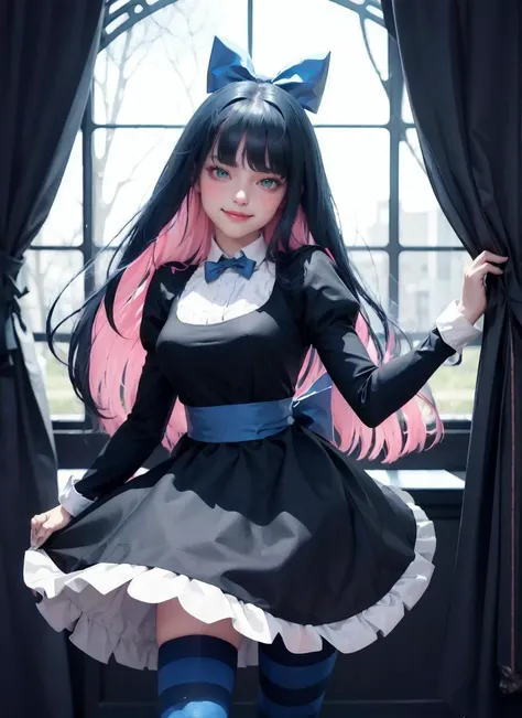 stockingpsg, thighhighs, long sleeves, ribbon, medium breasts, hair bow, puffy sleeves, blunt bangs, black dress, blue bow, juliet sleeves, striped thighhighs,
(evil),blush,smile,
Cozy Ambiance, Gentle Shading, Subtle Depth,
<lora:Stocking:0.92>
nsfw,