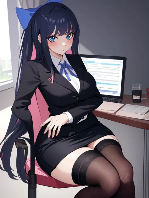 masterpiece, best quality, perfect lighting, 1girl, solo,office background, business suit, pencil skirt, (lace thighhighs:1.0), sitting in chair, stockingpsg,<lora:Stocking:0.9> ribbon, big breasts, hair bow,