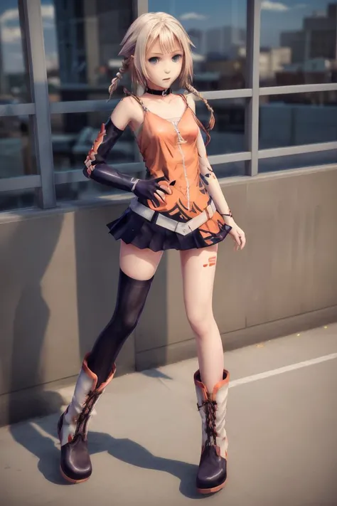 (masterpiece, best quality), 1girl, <lora:ONE_CeVIO:1> ONE_CeVIO, 1girl, solo, blue eyes, blonde hair, gloves, bare shoulders, collarbone, single braid, black skirt, pleated skirt, boots, single detached sleeves, choker, socks, belt, miniskirt, tattoo, single thighhigh, hair flaps, cross-laced footwear, zipper, asymmetrical legwear, lace-up boots, spaghetti strap, uneven legwear, zipper pull tab, orange shirt, orange dress, single kneehigh, pendant choker
