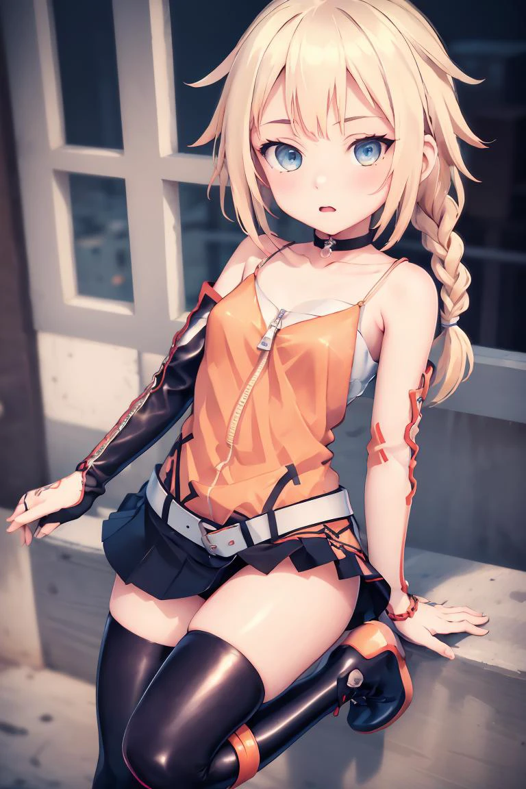 (masterpiece, best quality), 1girl, <lora:ONE_CeVIO:1> ONE_CeVIO, 1girl, solo, blue eyes, blonde hair, gloves, bare shoulders, collarbone, single braid, black skirt, pleated skirt, boots, single detached sleeves, choker, socks, belt, miniskirt, tattoo, single thighhigh, hair flaps, cross-laced footwear, zipper, asymmetrical legwear, lace-up boots, spaghetti strap, uneven legwear, zipper pull tab, orange shirt, orange dress, single kneehigh, pendant choker