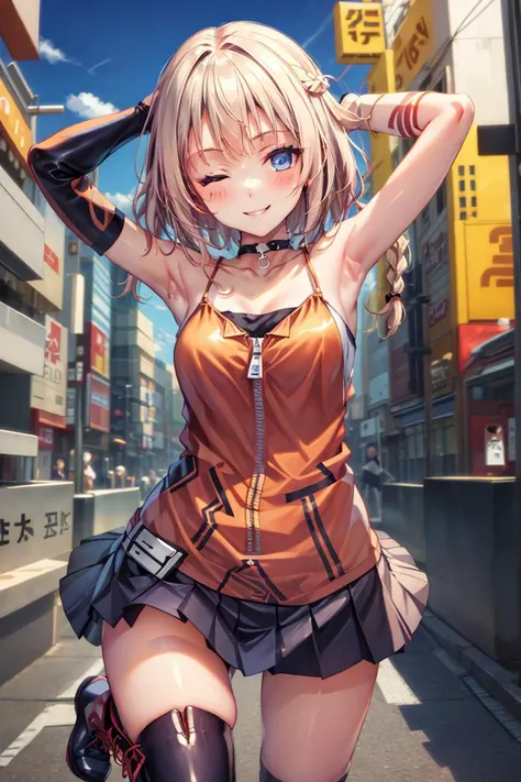 (masterpiece),(best quality),(ultra detailed),
highly detailed, intricate details, High quality shadow, Cinematic Light,
(Standing),(arms up), (hand on the head), (armpits), (posing),
<lora:ONE_CeVIO:1>(ONE_CeVIO), blue eyes, tattoo,
blonde hair, single braid,
gloves, bare shoulders, collarbone, black skirt, pleated skirt, boots, single detached sleeves, choker, socks, belt, miniskirt, single thighhigh, hair flaps, cross-laced footwear, zipper, asymmetrical legwear, lace-up boots, spaghetti strap, uneven legwear, zipper pull tab, orange shirt, orange dress, single kneehigh, pendant choker,
smile, one eye closed, blush,
in tokyo, akihabara, SEGA, game center,
<lora:add_detail:0.5><lora:bg_imgs:0.2>, bg_imgs,