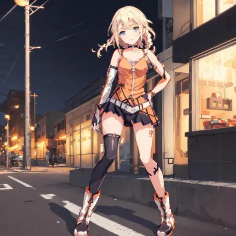 <lora:ONE_CeVIO-10:1>outdoor,street,high quality,Masterpeace,ONE_CeVIO, 1girl, solo, blue eyes, blonde hair, gloves, bare shoulders, collarbone, single braid, black skirt, pleated skirt, boots, single detached sleeves, choker, socks, belt, miniskirt, tattoo, single thighhigh, hair flaps, cross-laced footwear, zipper, asymmetrical legwear, lace-up boots, spaghetti strap, uneven legwear, zipper pull tab, orange shirt, orange dress, single kneehigh, pendant choker,standing,full body,hand on hip
