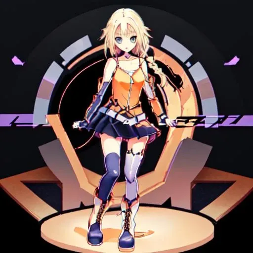 <lora:ONE_CeVIO-10:1>ONE_CeVIO, 1girl, solo, blue eyes, blonde hair, gloves, dress, bare shoulders, collarbone, braid, pleated skirt, boots, detached sleeves, choker, socks, belt, miniskirt, kneehighs, tattoo, single thighhigh, hair flaps, cross-laced footwear, zipper, asymmetrical legwear, lace-up boots, spaghetti strap, uneven legwear, zipper pull tab, orange shirt, single sock, orange dress, single kneehigh, pendant choker