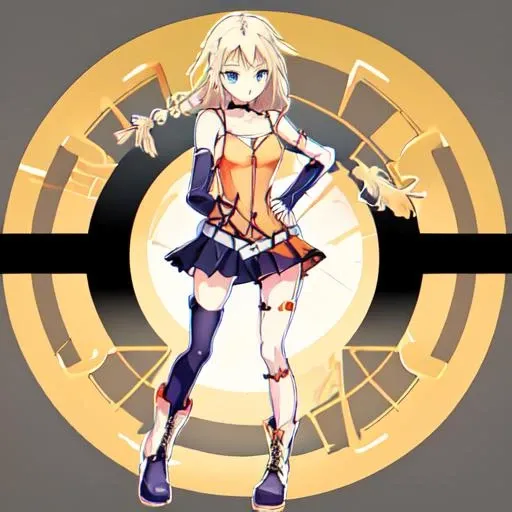 <lora:ONE_CeVIO-10:1>ONE_CeVIO, 1girl, solo, blue eyes, blonde hair, gloves, dress, bare shoulders, collarbone, braid, pleated skirt, boots, detached sleeves, choker, socks, belt, miniskirt, tattoo, single thighhigh, hair flaps, cross-laced footwear, zipper, asymmetrical legwear, lace-up boots, spaghetti strap, uneven legwear, zipper pull tab, orange shirt, single sock, orange dress, pendant choker,standing,full body,hand on hip