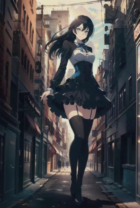 masterpiece, best quality, 1girl, layered clothing, white blouse, black corset, blue frilly skirt, black thighhighs, tall boots, standing, crossed arms, smug, smirk looking at viewer, downtown, steampunk, clear eyes, best eyes, deep eyes,