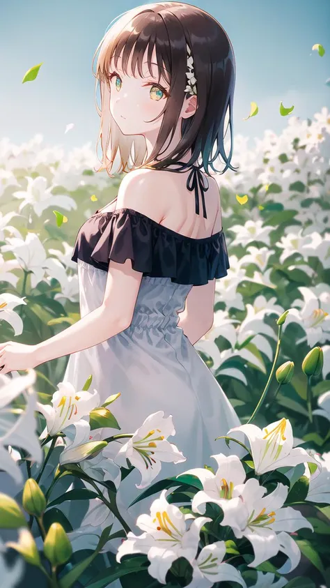 masterpiece, (((best quality))), ((highres)), ray tracing, ((white lilies)), petals, outdoor, (((solo))), upper body, (from side), chromatic aberration, cleavage, (slim body), bare shoulders, (((black off-shoulder))), expressionless, black hair, medium hair, white lily on head, (((+++++blue-yellow gradient eyes+++++))), hiten1, ((right hand behind back)),