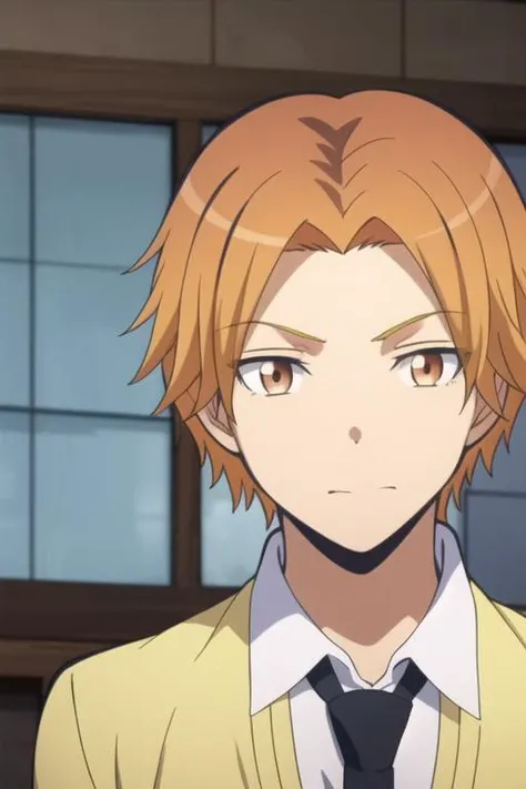 masterpiece, best quality, high quality, 1boy, solo, male focus, looking at viewer, upper body, <lora:maehara_hiroto:0.78>, maehara_hiroto, brown eyes, orange hair, school uniform, shirt, necktie