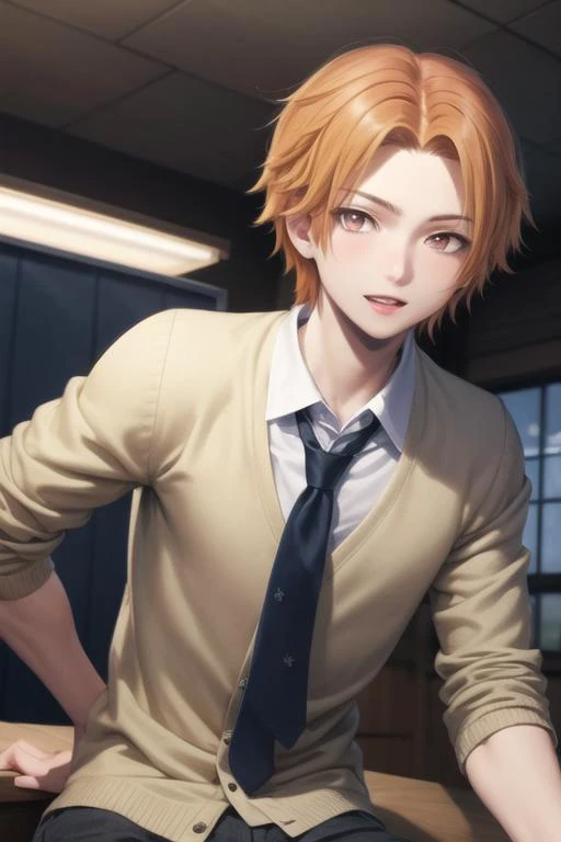 masterpiece, best quality, high quality, 1boy, solo, male focus, looking at viewer, upper body, <lora:maehara_hiroto:0.72>, maehara_hiroto, brown eyes, orange hair, school uniform, shirt, necktie