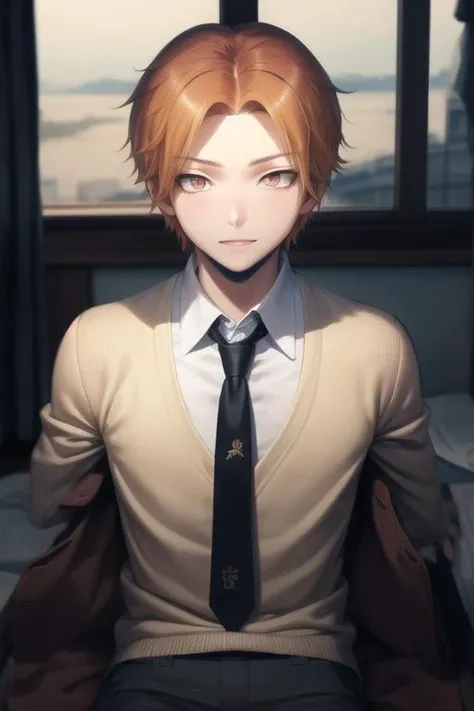 masterpiece, best quality, high quality, 1boy, solo, male focus, looking at viewer, upper body, <lora:maehara_hiroto:0.74>, maehara_hiroto, brown eyes, orange hair, school uniform, shirt, necktie