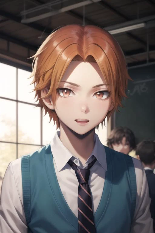 masterpiece, best quality, high quality, 1boy, solo, male focus, looking at viewer, upper body, <lora:maehara_hiroto:0.70>, maehara_hiroto, brown eyes, orange hair, school uniform, shirt, necktie