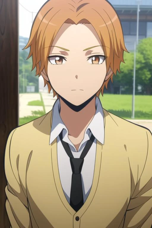 masterpiece, best quality, high quality, 1boy, solo, male focus, looking at viewer, upper body, <lora:maehara_hiroto:0.76>, maehara_hiroto, brown eyes, orange hair, school uniform,