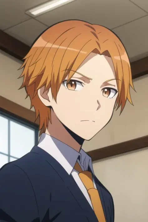 masterpiece, best quality, high quality, 1boy, solo, male focus, looking at viewer, upper body, <lora:maehara_hiroto:0.70>, maehara_hiroto, brown eyes, orange hair, school uniform, shirt, necktie
