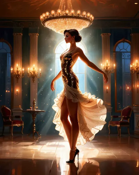 Comic artwork of 1girl, solo, full body, head to toe, ballroom dancer, beauty makeup, gorgeous hispanic woman, latina, (formal updo hair), (short dress, high leg slit, low-cut back),  beautiful legs, stiletto heels, backround bokeh, art deco ballroom, ornate chandeliers, (cinematic lighting, warm light, god rays), detailed, masterpiece,HDR, detailed, sharp, vivid colors, best quality,  <lora:envyStarlightMoonrise_v10:1>