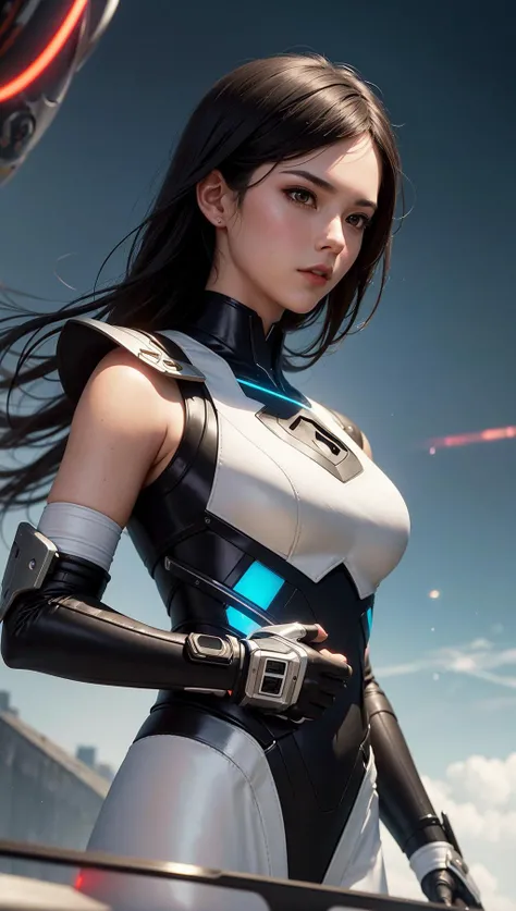 1 girl, <lora:KoreanDollLikeness v20:0.2>, wearing sci-fi suit (matt metallic), highend suit, light strip, theme of red black, full with futuristic weapon, holding a swordsman pager, swordsman's rifle, portrait, elegant, intricate, digital painting, artstation, concept art, smooth, sharp focus, illustration, art by artgerm and greg rutkowski and alphonse mucha, nature background, river, sky, bokeh, depth of fields,