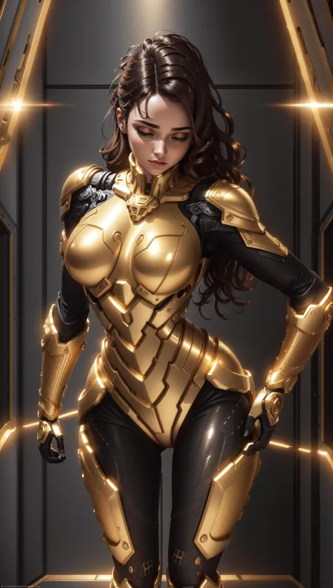 Best quality, 8K, action pose, woman vintage super hero, beautiful and detailed face, red curly long hair,big eyelashes,LOOKING TO observer,gold and silver metalic armour over bodystocking, SHINY GLOSSY PANTYHOSE,black belt,over the knee boots,white neutral scenario