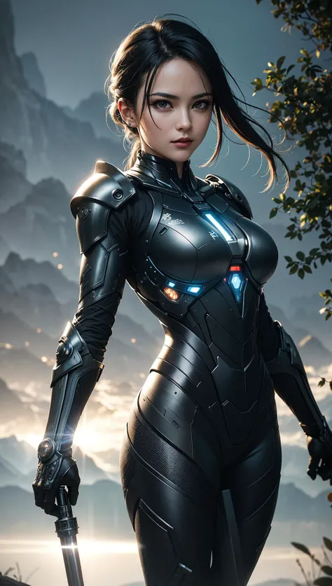 Realistic, Photorealistic, (masterpiece:1.2), concept art, intricate details, highly detailed, photorealistic, dynamic pose, best quality, (realistic face:1.1), (hyperrealistic:1.1), (extremely detailed background), ((dynamic background)), (light rays),1 girl, cute girl <lora:KoreanDollLikeness v20:0.3>, wearing nano cyber suit, sci-fi armor, sci-fi suit, sci-fi armor, lite armor, marvel, black suit, holding swords, light strip, <lora:Crysis Nanosuit v1:0.2>, <lora:ArmorSuit v1:0.1>, full with futuristic weapon, portrait, elegant, intricate, sharp focus, (nature background:1.2), river, sky, bokeh, depth of fields, bokeh, in battle, battlefields, dramatic, apocalypse, (army:1.1)