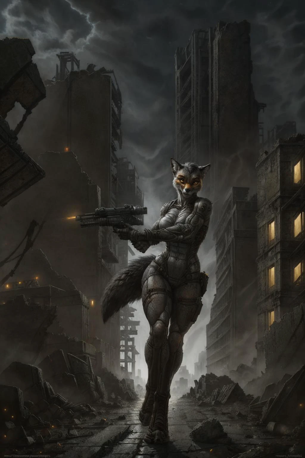 uploaded on e621, by honovy, by Frank Frazetta, HDR, masterpiece, (female fox hiding behind a rubble and (holding futuristic gun)), (((ruined city landscape, ruined buildings, rubble, street, anti-air gunfire in the background, at night))), EyeDetail, detailed background, highly detailed, intricate, bodysuit, <lora:gunsLoHatry3:0.55> assault rifle, <lora:CrysisNanosuit:0.3> <lora:Concept_RockyBackdrop:0.3> rocky backdrop, sky <lora:add_detail:0.2>