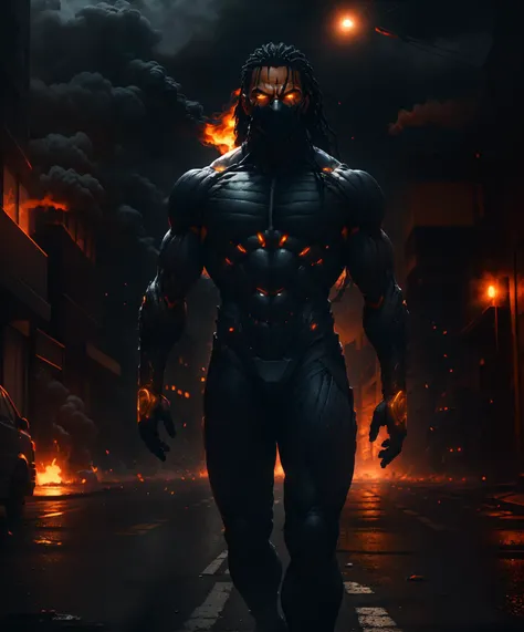 extreme detail, 1boy,(day), <lora:nanosuit_v10:0.55>, ,futuristic bodysuit, african, dark skin, face mask, glowing yellow eyes, action pose, long hair, vanishing point,dark street, (cowboy shot), walking towards viewer, debris, smoke, cropped legs, glowing hands