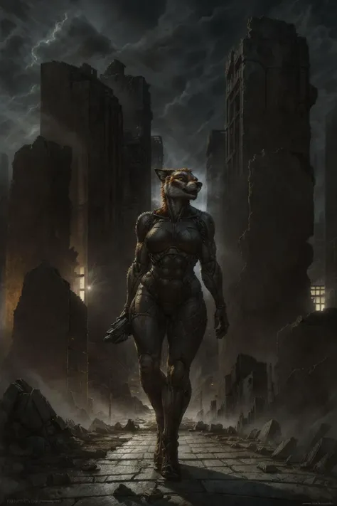 uploaded on e621, by honovy, by Frank Frazetta, HDR, masterpiece, (female fox hiding behind a rubble and (holding futuristic gun)), (((ruined city landscape, ruined buildings, rubble, street, anti-air gunfire in the background, at night))), EyeDetail, detailed background, highly detailed, intricate, bodysuit, <lora:gunsLoHatry3:0.55> assault rifle, <lora:CrysisNanosuit:0.3> <lora:Concept_RockyBackdrop:0.3> rocky backdrop, sky <lora:add_detail:0.2>