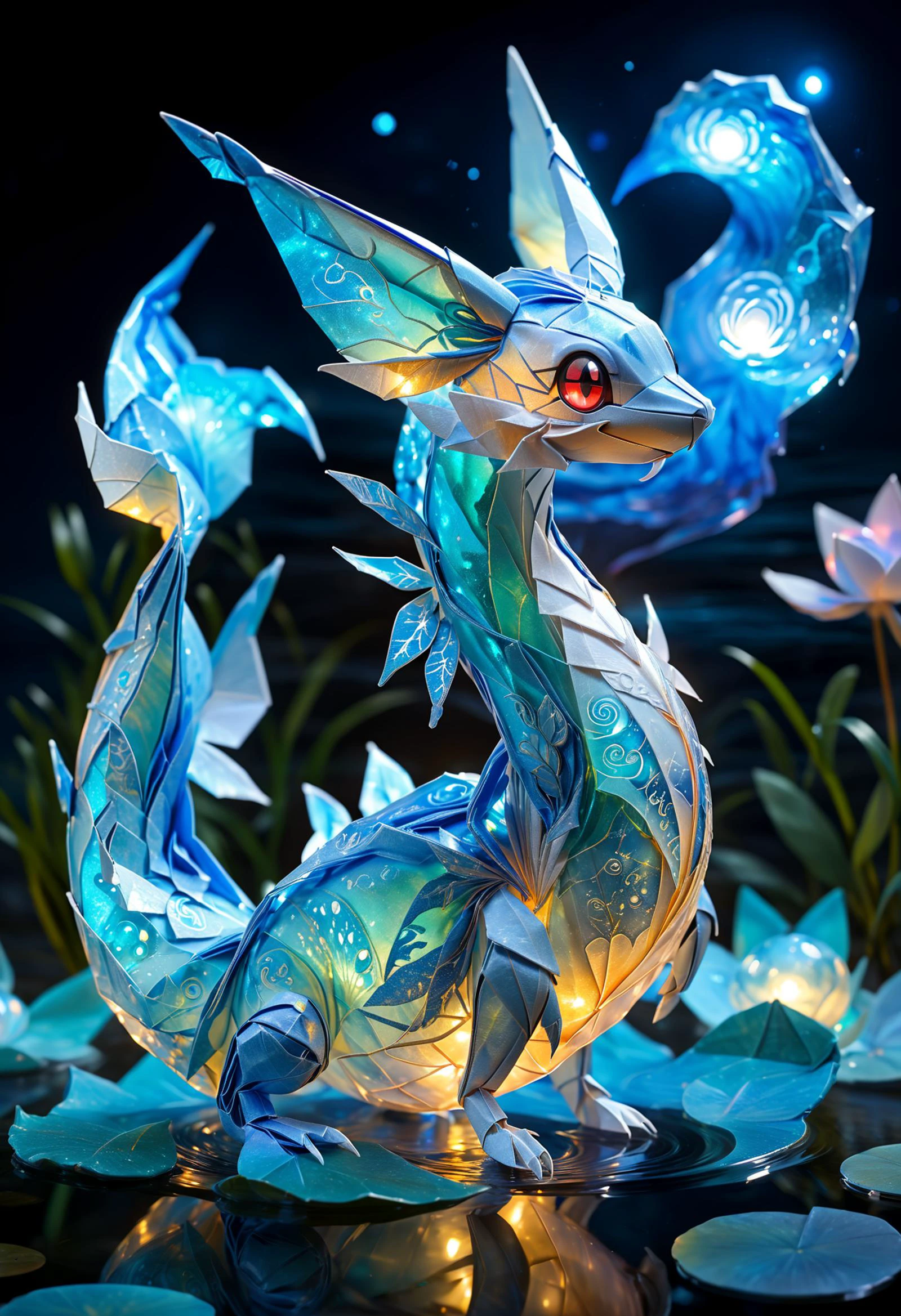 high quality, extremely detailed and beautiful origami fantasy translucent magical chillet, glowing within, blue and white colors <lora:TQ_-_Fairy_Tale_Origami_Paintings:0.5> , beautiful vibrant dark moonlight lake at night, sharp focus, intricate, detailed illustration, beautiful color palette, incredible details, high contrast, high dynamic light, perfect composition and chiaroscuro, glowing magical moonlight, bioluminescent creature, intricately detailed, true masterpiece, <lora:sss:1> <lora:SDXLFaeTastic2400:0.5> <lora:chillet_v2:1> chillet, animal, shiny_pokemon, pokemon_\(creature\), no_humans