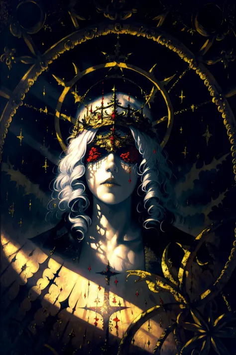 ayami kojima, a close up oil painting of a queen on a throne wearing a halo mask, by style-gothic-horror, white hair, pale skin, detailed face, sharp focus, high quality, moody, emotional, dynamic lighting, fog, particles, light coming through a stained glass window, photon mapping, realistic shadows, rembrandt, rembrandt style <lora:BlindMask_v1:1> <lyco:GoodHands-beta2:1.0>, <lyco:ayami-09:1.0>