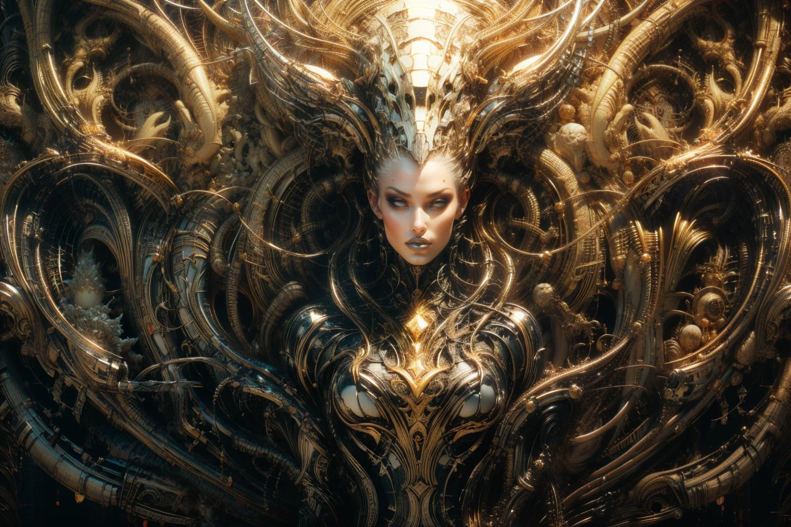 ((white hair,robot girl)),(ptp girl),(H.R.Giger),(gold trim,BCI,rococo_style headgear, gold armor:1.2), (Mythic,religion:1.2),(gorgeous queen,Uygur:1.2),(fantasy art,Classic poster,space opera,epic sci-fi artwork:1.2),(Terrible hallucination,extremely absurd,beautiful and aesthetic,dreamlike:1.2),
(cybernetic,sci-fi rococo,hyper-realistic sci-fi,futuristic:1.2),
(cyberpunk, xenomorph:1.2),
(best quality,masterpiece:1.3),(realistic,ultra-realistic,soft light, sharp:1.2),insane detailed,
(high key lighting),((blue lips),heavy makeup:1.2),
(elegance,beautiful image,femme fatale:1.2),(shiny skin:1.2),anatomically correct,(hourglass figure,Thick body:1.2),
<lora:rococo xenomorph:0.7>ï¼ <lora:ayami:0.7> AYAMI STYLE,<lora:detail_slider_v4:1> ,more detail, <lora:majisbpk_20230704213723:0.6>, <lora:åç:0.4>