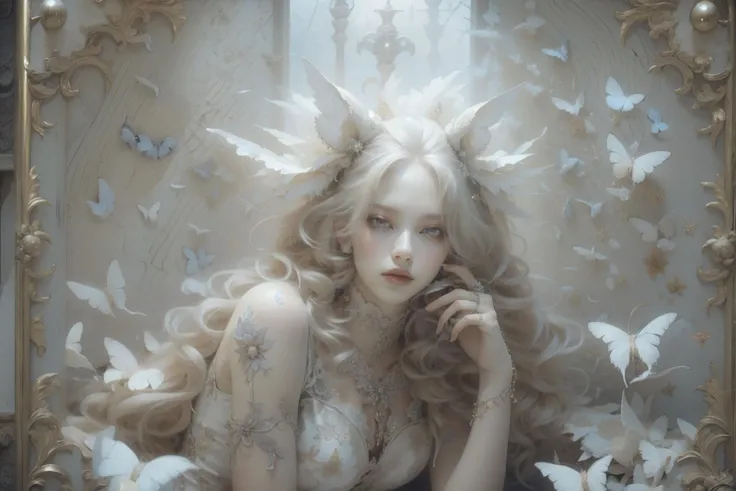 (A gorgeous womanï¼Grey lipstickï¼Violet eyes),pov,(Mythic,religion,A fantasy full of imagination),ï¼Singular spaceï¼white moth,White butterflyï¼Paranormal phenomenonï¼hallucination:1.3ï¼,
hair ornament,white hair,beautiful image,A carefully cut hairstyle,elegance,Upper body art photo,sacredï¼divineï¼
(masterpiece:1.4),(soft lighting:1.2), bokeh, depth of field, photorealistic, caustics,
beautiful image,rim lighting,cinematic lighting,ealistic details,extremely detailed,ultra-realistic lights and shadows,official artï¼biopunk,
astonishing level of detail,ultra high res,HDR, realistic, dusty sunlight, ray tracing, cinematic (beautiful detailed face:1.0), (vivid colors:1.3, color full:1.3), ultra detailed 8k cg, extremely absurd,
beautiful face, perfect face, atural makeup, beautiful goddess,gorgeous queen,1girl, nice girl, mature female,
white feather skin,feathers,(fur trim,White sofa,White flowers:0.9)ï¼
beautiful lips, subsurface scattering, reflections, eflections, dramatic, realistic hair, Detail hands, realistic hands,
realistic skin, skin pores, sweaty skin,(shiny skin:1.3),(thick thighs:1.3),athletic,wide hips,perfect female body, narrow waist,extremely fine complexion,pale skin,
(athletic body:1.4),
(best quality:1.3),
<lora:ww-000012:0.6>ï¼ <lora:绪å¿- å¤è¶cinematic sets:0.8>ï¼ <lora:4ll3ll0ll13:0.75>ï¼f796, <lora:ayami-style:0.75>,AYAMI STYLE, <lora:æ³å
:0.5>, <lora:IvoryGoldAIv2-5:0.6> ,ivorygoldai,