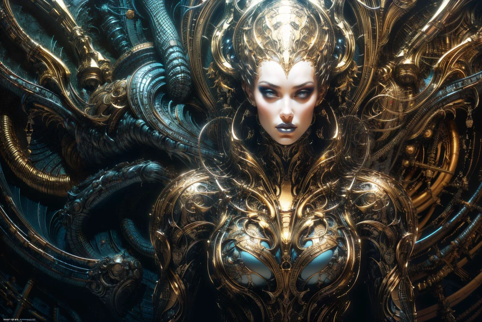 ((white hair,robot girl)),(ptp girl),(H.R.Giger),(gold trim,BCI,rococo_style headgear, gold armor:1.2), (Mythic,religion:1.2),(gorgeous queen,Uygur:1.2),(fantasy art,Classic poster,space opera,epic sci-fi artwork:1.2),(Terrible hallucination,extremely absurd,beautiful and aesthetic,dreamlike:1.2),
(cybernetic,sci-fi rococo,hyper-realistic sci-fi,futuristic:1.2),
(cyberpunk, xenomorph:1.2),
(best quality,masterpiece:1.3),(realistic,ultra-realistic,soft light, sharp:1.2),insane detailed,
(high key lighting),((blue lips),heavy makeup:1.2),
(elegance,beautiful image,femme fatale:1.2),(shiny skin:1.2),anatomically correct,(hourglass figure,Thick body:1.2),
<lora:rococo xenomorph:0.7>ï¼ <lora:ayami:0.7> AYAMI STYLE,<lora:detail_slider_v4:1> ,more detail, <lora:majisbpk_20230704213723:0.6>, <lora:åç:0.4>