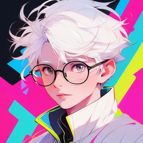 portrait, neon color, 1boy,white hair,glasses,short hair  <lora:sdxl_touxiang_dba-000018:0.7>