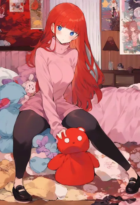 score_9, score_8_up, score_7_up, source_anime, 1girl, long hair, pink sweater, long sleeves, black leggings, red hair, blue eyes, blunt bangs, very long hair, straight hair, breasts, short woman, very short woman, turtleneck, nerdy, squishy, soft, tight leggings, yoga pants, blush, voluptuous, skinny, round breasts, thick thighs, medium breasts, mary janes, mary jane shoes, black shoes, full body, cowboy shot, bedroom, detailed bedroom, detailed background, girly bedroom, stuffed animals, posters, plushies,