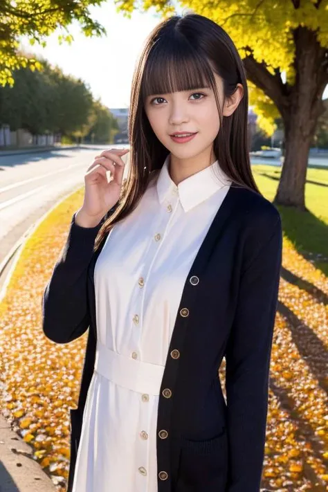 1girl,(wearing dress and cardigan:1.2),(RAW photo, best quality), (realistic, photo-realistic:1.4), masterpiece, an extremely delicate and beautiful, extremely detailed, 2k wallpaper, Amazing, finely detail, extremely detailed CG unity 8k wallpaper, ultra-detailed, highres, soft light, beautiful detailed girl, extremely detailed eyes and face, beautiful detailed nose, beautiful detailed eyes,cinematic lighting,autumn scenery,(morning light),perfect anatomy,slender body,smiling,(squinted eyes,wide smile) <lora:tsumugirisa_lora:0.8>