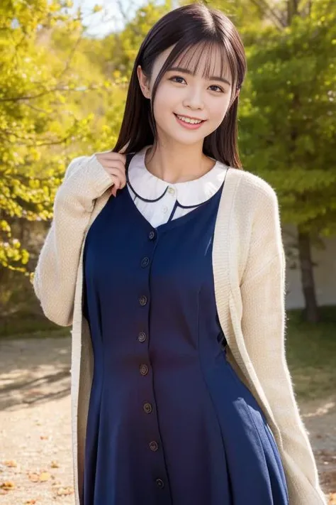 1girl,(wearing dress and cardigan:1.2),(RAW photo, best quality), (realistic, photo-realistic:1.4), masterpiece, an extremely delicate and beautiful, extremely detailed, 2k wallpaper, Amazing, finely detail, extremely detailed CG unity 8k wallpaper, ultra-detailed, highres, soft light, beautiful detailed girl, extremely detailed eyes and face, beautiful detailed nose, beautiful detailed eyes,cinematic lighting,autumn scenery,(morning light),perfect anatomy,slender body,smiling,(squinted eyes,wide smile) <lora:tsumugirisa_lora:0.8>