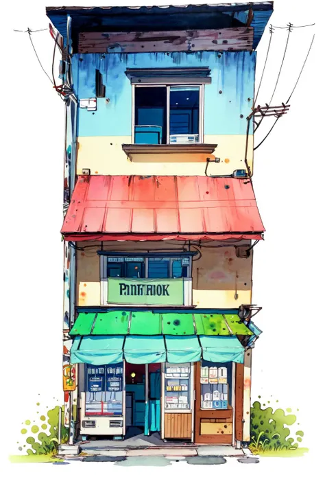 -Architectural marker painting, no humans, scenery, outdoors, utility pole, traditional media, power lines, fence, watercolor \(medium\), painting \(medium\), white background, house, building, bench, sign, vending machine, door, plant<lora:Architectural marker painting-000018:1>