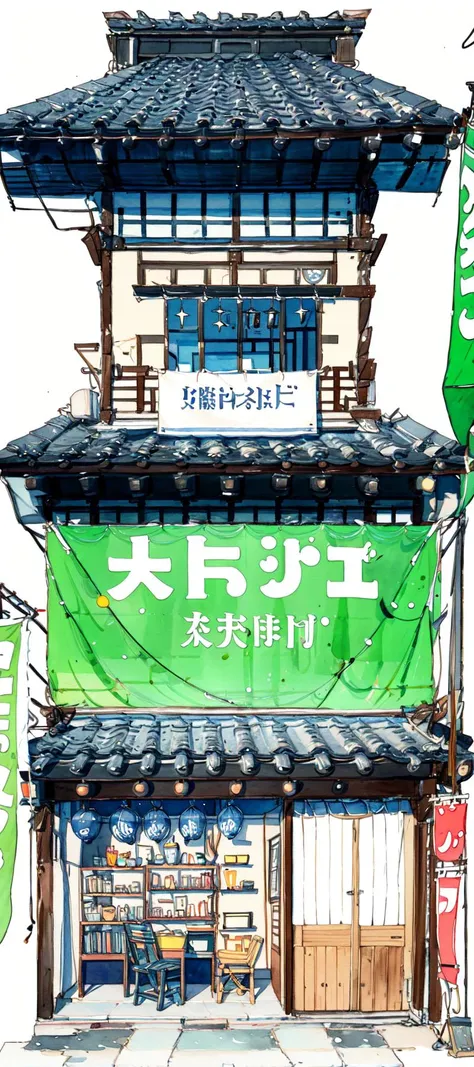 Architectural marker painting, no humans, scenery, architecture, banner, east asian architecture, traditional media, white background, painting \(medium\), sign, watercolor \(medium\), building, chinese text, chair, simple background, table
<lora:Architectural marker painting-000018:1>,