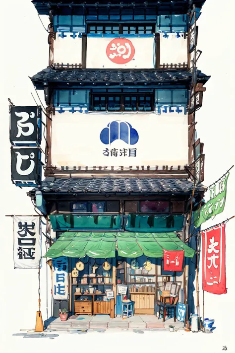 Architectural marker painting,no humans,scenery,architecture,banner,east asian architecture,traditional media,white background,painting \(medium\),sign,watercolor \(medium\),building,chinese text,chair,simple background,table,
<lora:Architectural marker painting-000018:1>,