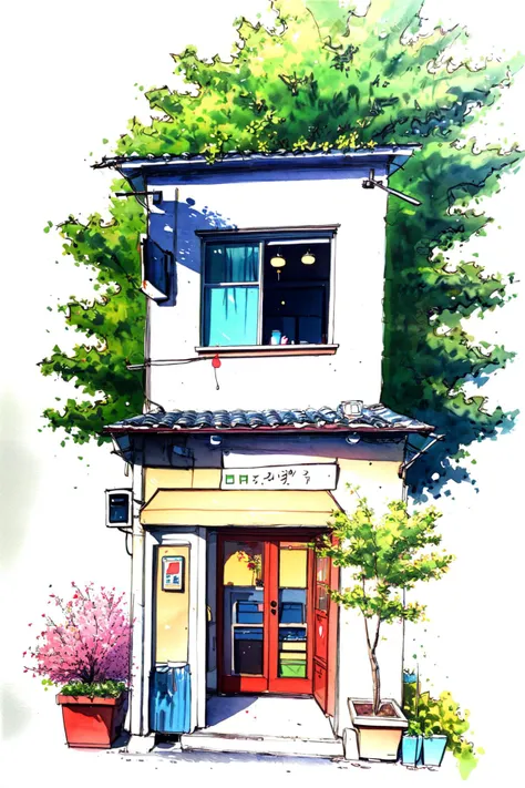 -Architectural marker painting, no humans, traditional media, watercolor \(medium\), painting \(medium\), plant, scenery, tree, flower, white background, window, outdoors<lora:Architectural marker painting-000018:1>