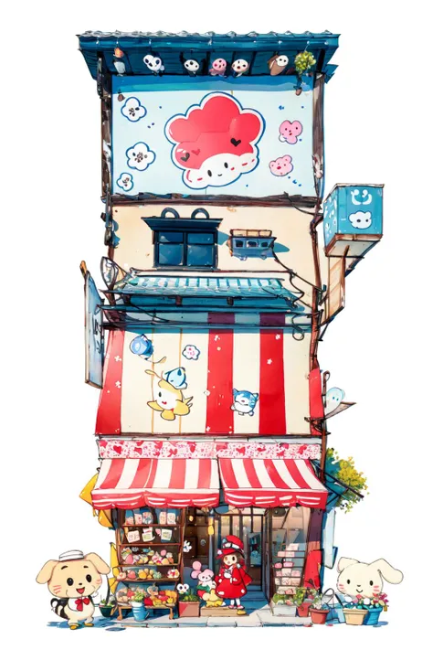 -Architectural marker painting, flower, bird, bow, rabbit, plant, food, white flower, cat, red bow, no humans, potted plant, fruit, white background, sign, smile, animal, holding, hat, ladder, dog, vines, watering can, basket, cup, shop, chicken, box, bug, simple background, strawberry, standing, house, red headwear, daisy<lora:Architectural marker painting-000018:1>