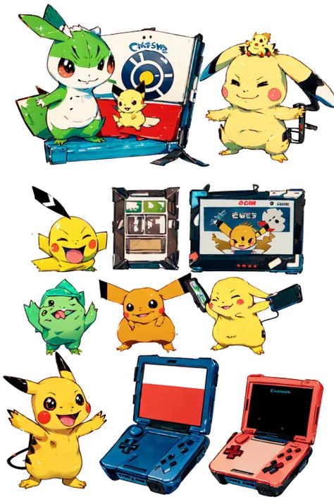 -Architectural marker painting, charmander, pokemon \(creature\), pikachu, no humans, torchic, flame-tipped tail, game boy, bulbasaur, poke ball, poke ball \(basic\), window, tepig, closed eyes, white background, starter pokemon trio, plant, smile, standing, television, simple background, handheld game console, closed mouth<lora:Architectural marker painting-000018:1>