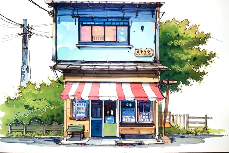 -Architectural marker painting, no humans, scenery, outdoors, utility pole, traditional media, power lines, fence, watercolor \(medium\), painting \(medium\), white background, house, building, bench, sign, vending machine, door, plant<lora:Architectural marker painting-000018:1>