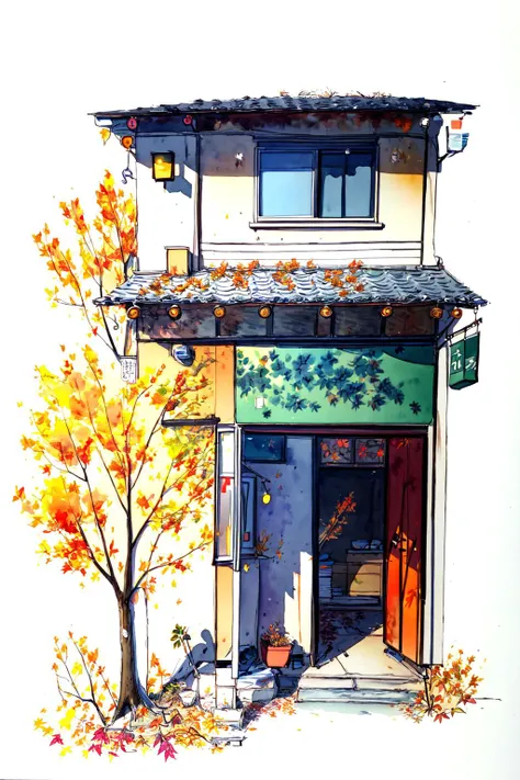 -Architectural marker painting, no humans, plant, traditional media, scenery, tree, potted plant, leaf, watercolor \(medium\), painting \(medium\), outdoors, autumn leaves, door, autumn, white background, architecture<lora:Architectural marker painting-000018:1>